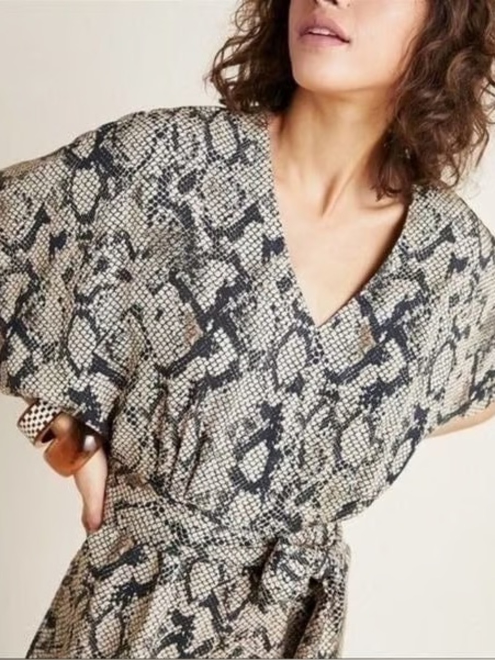 Anthropologie Women's Snake Print Jumpsuit with Tie Waist - Beige & Black
